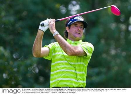 September 4, 2015; Norton, MA, USA; Bubba Watson reacts at the 9th tee during the first round of the Deutsche Bank Championship at TPC Boston. PGA Golf Herren 2015: Deutsche Bank Championship SEP 04 - ZUMAc04_