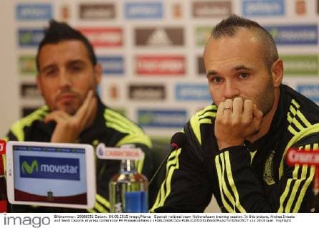 Spanish national team Nationalteam training session. In this picture, Andres Iniesta and Santi Cazorla at press conference PK Pressekonferenz xPABLOGARCIAx 