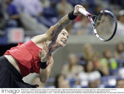 Bethanie Mattek-Sands serves in the first set of her match against Serena Williams in the third round in Arthur Ashe Stadium on day five at the US Open Tennis Championships at the USTA Billie Jean King National Tennis Center in New York City on September 4, 2015. .  NYP20150904119 JOHNxANGELILLO