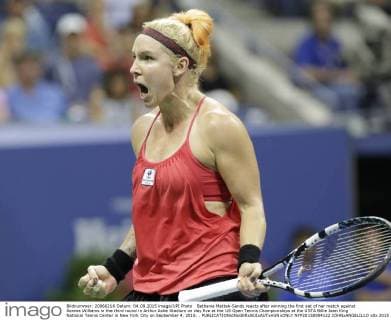 Bethanie Mattek-Sands reacts after winning the first set of her match against Serena Williams in the third round in Arthur Ashe Stadium on day five at the US Open Tennis Championships at the USTA Billie Jean King National Tennis Center in New York City on September 4, 2015. .  NYP20150904122 JOHNxANGELILLO