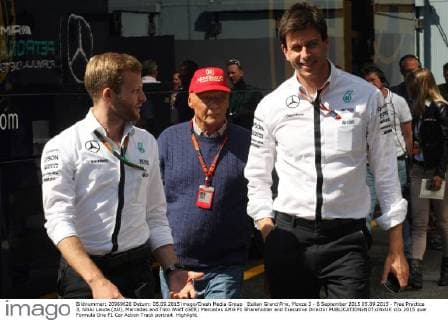 Italian Grand Prix, Monza 3 - 6 September 2015 05.09.2015 - Free Practice 3, Nikki Lauda (AU), Mercedes and Toto Wolff (GER) Mercedes AMG F1 Shareholder and Executive Director 