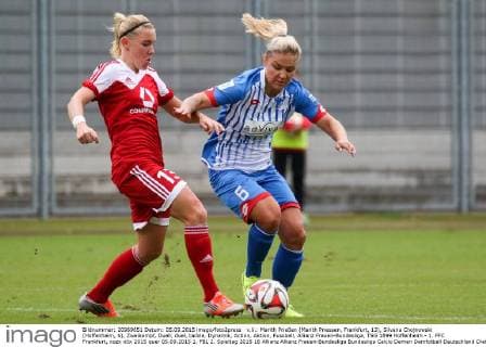 v.li.: Marith Prießen (Marith Priessen, Frankfurt, 13), Silvana Chojnowski (Hoffenheim, 6), Zweikampf, Duell, duel, tackle, Dynamik, Action, Aktion, Fussball, Allianz Frauen-Bundesliga, TSG 1899 Hoffenheim - 1. FFC Frankfurt, xozx