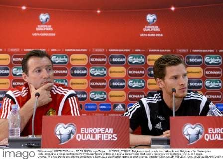 - NICOSIA, CYPRUS: Belgium s head coach Marc Wilmots and Belgium s Jan Vertonghen pictured during a press conference PK Pressekonferenz of Belgian national soccer team Red Devils, Saturday 05 September 2015, in Nicosia, Cyprus. The Red Devils are playing on Sunday a Euro 2016 qualification game against Cyprus. Tuesday DIRKxWAEM  x04693922x