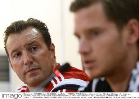 - NICOSIA, CYPRUS: Belgium s head coach Marc Wilmots and Belgium s Jan Vertonghen pictured during a press conference PK Pressekonferenz of Belgian national soccer team Red Devils, Saturday 05 September 2015, in Nicosia, Cyprus. The Red Devils are playing on Sunday a Euro 2016 qualification game against Cyprus. Tuesday DIRKxWAEM  x04693929x