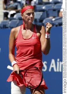 Petra Kvitova of the Czech Republic reacts after taking the first set from Anna Karolina Schmiedlova of Slovakia in the first set of their third round match at the US Open Tennis Championships at the USTA Billie Jean King National Tennis Center in New York City on September 5, 2015. Kvitova won 6-2, 6-1.  NYP20150905307 MONIKAxGRAFF