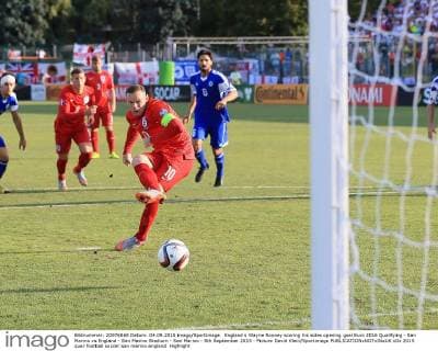 England s Wayne Rooney scoring his sides opening goal Euro 2016 Qualifying - San Marino vs England - San Marino Stadium - San Marino - 5th September 2015 - Picture David Klein Sportimage EDITORIAL USE ONLY. No use with unauthorised audio, video, data, fixture lists, club league logos or live services. Online in-match use limited to 120 images, no video emulation. No use in betting, games or single club league player publications.