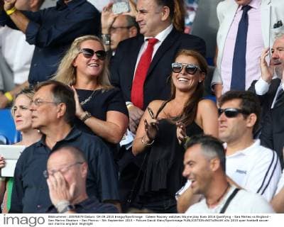 Coleen Rooney watches Wayne play Euro 2016 Qualifying - San Marino vs England - San Marino Stadium - San Marino - 5th September 2015 - Picture David Klein Sportimage EDITORIAL USE ONLY. No use with unauthorised audio, video, data, fixture lists, club league logos or live services. Online in-match use limited to 120 images, no video emulation. No use in betting, games or single club league player publications.