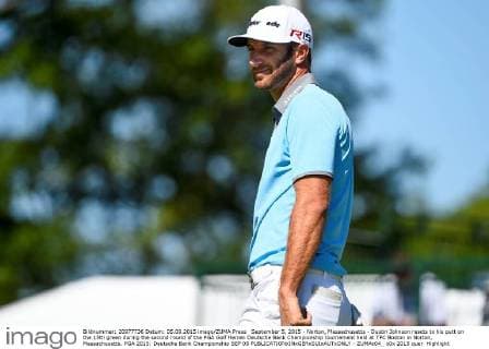 September 5, 2015 - Norton, Massachusetts - Dustin Johnson reacts to his putt on the 15th green during the second round of the PGA Golf Herren Deutsche Bank Championship tournament held at TPC Boston in Norton, Massachusetts. PGA 2015: Deutsche Bank Championship SEP 05 - ZUMAc04_