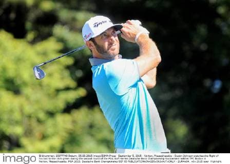 September 5, 2015 - Norton, Massachusetts - Dustin Johnson watches the flight of his ball to the 16th green during the second round of the PGA Golf Herren Deutsche Bank Championship tournament held at TPC Boston in Norton, Massachusetts. PGA 2015: Deutsche Bank Championship SEP 05 - ZUMAc04_