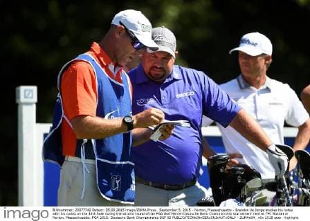 September 5, 2015 - Norton, Massachusetts - Brendon de Jonge studies his notes with his caddy on the 14th hole during the second round of the PGA Golf Herren Deutsche Bank Championship tournament held at TPC Boston in Norton, Massachusetts. PGA 2015: Deutsche Bank Championship SEP 05 - ZUMAc04_