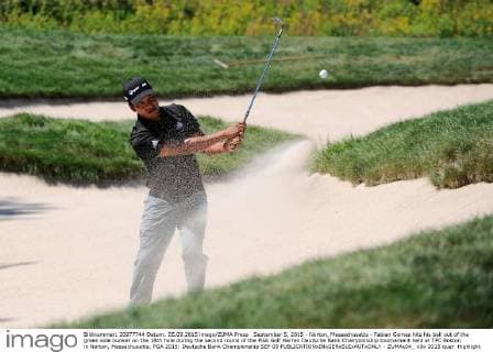 September 5, 2015 - Norton, Massachusetts - Fabian Gomez hits his ball out of the green side bunker on the 18th hole during the second round of the PGA Golf Herren Deutsche Bank Championship tournament held at TPC Boston in Norton, Massachusetts. PGA 2015: Deutsche Bank Championship SEP 05 - ZUMAc04_