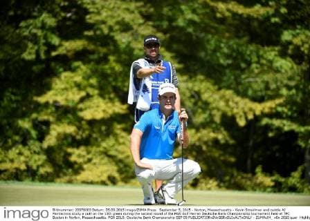 September 5, 2015 - Norton, Massachusetts - Kevin Streelman and caddie AJ Montecinos study a putt on the 13th green during the second round of the PGA Golf Herren Deutsche Bank Championship tournament held at TPC Boston in Norton, Massachusetts. PGA 2015: Deutsche Bank Championship SEP 05 - ZUMAc04_