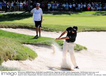 September 6, 2015 - Norton, Massachusetts - Phil Mickelson hits his way out of the green side bunker on the 7th hole during the third round of the PGA Golf Herren Deutsche Bank Championship tournament held at TPC Boston in Norton, Massachusetts. PGA 2015: Deutsche Bank Championship SEP 06 - ZUMAc04_