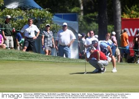 September 6, 2015 - Norton, Massachusetts - Carlos Ortiz and his caddy study a putt on the 5th green during the third round of the PGA Golf Herren Deutsche Bank Championship tournament held at TPC Boston in Norton, Massachusetts. PGA 2015: Deutsche Bank Championship SEP 06 - ZUMAc04_