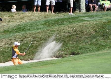September 6, 2015 - Norton, Massachusetts - Troy Merritt hits his ball out of the green side bunker and into the cup on the 5th hole during the third round of the PGA Golf Herren Deutsche Bank Championship tournament held at TPC Boston in Norton, Massachusetts. PGA 2015: Deutsche Bank Championship SEP 06 - ZUMAc04_