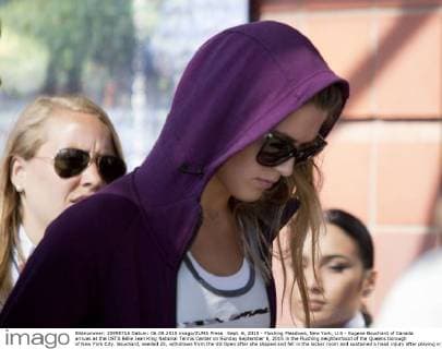 Sept. 6, 2015 - Flushing Meadows, New York, U.S - Eugene Bouchard of Canada arrives at the USTA Billie Jean King National Tennis Center on Sunday September 6, 2015 in the Flushing neighborhood of the Queens borough of New York City. Bouchard, seeded 25, withdraws from the US Open after she slipped and fell in the locker room and sustained a head injury after playing in two games on Friday. Eugene Bouchard withdraws from U.S. Open - ZUMAp124