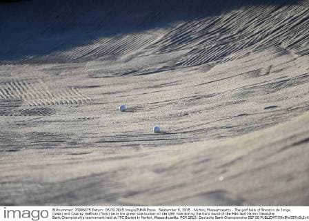 September 6, 2015 - Norton, Massachusetts - The golf balls of Brendon de Jonge (back) and Charley Hoffman (front) lie in the green side bunker on the 18th hole during the third round of the PGA Golf Herren Deutsche Bank Championship tournament held at TPC Boston in Norton, Massachusetts. PGA 2015: Deutsche Bank Championship SEP 06 - ZUMAc04_