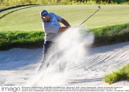 September 6, 2015 - Norton, Massachusetts - Brendon de Jonge hits his ball out of the green side bunker on the 18th hole during the third round of the PGA Golf Herren Deutsche Bank Championship tournament held at TPC Boston in Norton, Massachusetts. PGA 2015: Deutsche Bank Championship SEP 06 - ZUMAc04_