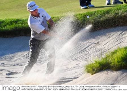 September 6, 2015 - Norton, Massachusetts - Charley Hoffman hits his way out of the green side bunker on the 18th hole during the third round of the PGA Golf Herren Deutsche Bank Championship tournament held at TPC Boston in Norton, Massachusetts. PGA 2015: Deutsche Bank Championship SEP 06 - ZUMAc04_