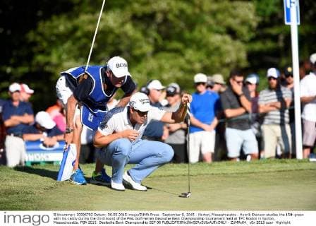 September 6, 2015 - Norton, Massachusetts - Henrik Stenson studies the 15th green with his caddy during the third round of the PGA Golf Herren Deutsche Bank Championship tournament held at TPC Boston in Norton, Massachusetts. PGA 2015: Deutsche Bank Championship SEP 06 - ZUMAc04_