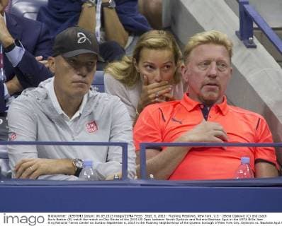 Sept. 6, 2015 - Flushing Meadows, New York, U.S - Jelena Djokovic (C) and coach Boris Becker (R) watch the match on Day Seven of the 2015 US Open between Novak Djokovic and Roberto Bautista Agut at the USTA Billie Jean King National Tennis Center on Sunday September 6, 2015 in the Flushing neighborhood of the Queens borough of New York City. Djokovic vs. Bautista Agut - ZUMAp124