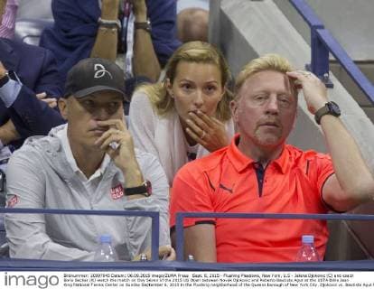 Sept. 6, 2015 - Flushing Meadows, New York, U.S - Jelena Djokovic (C) and coach Boris Becker (R) watch the match on Day Seven of the 2015 US Open between Novak Djokovic and Roberto Bautista Agut at the USTA Billie Jean King National Tennis Center on Sunday September 6, 2015 in the Flushing neighborhood of the Queens borough of New York City. Djokovic vs. Bautista Agut - ZUMAp124