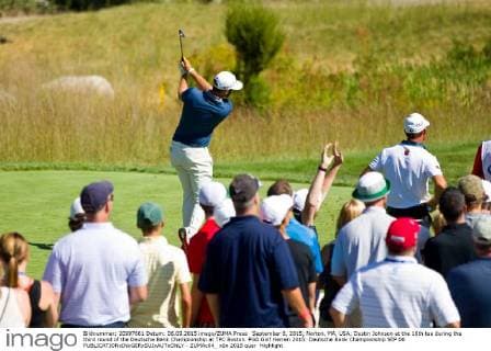 September 6, 2015; Norton, MA, USA; Dustin Johnson at the 16th tee during the third round of the Deutsche Bank Championship at TPC Boston. PGA Golf Herren 2015: Deutsche Bank Championship SEP 06 - ZUMAc04_
