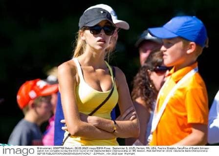 September 6, 2015; Norton, MA, USA; Paulina Gretzky, fiancÅ½e of Dustin Johnson watch him compete during the third round of the Deutsche Bank Championship at TPC Boston. PGA Golf Herren 2015: Deutsche Bank Championship SEP 06 - ZUMAc04_
