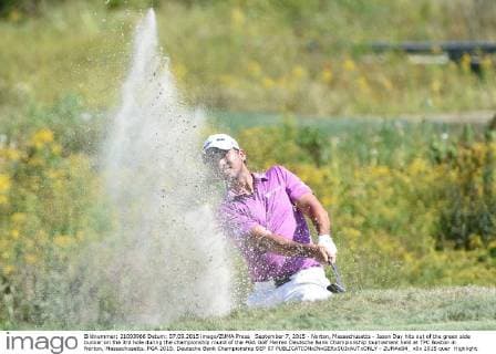 September 7, 2015 - Norton, Massachusetts - Jason Day hits out of the green side bunker on the 3rd hole during the championship round of the PGA Golf Herren Deutsche Bank Championship tournament held at TPC Boston in Norton, Massachusetts. PGA 2015: Deutsche Bank Championship SEP 07 - ZUMAc04_
