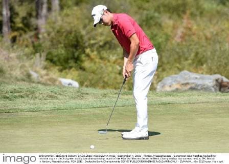September 7, 2015 - Norton, Massachusetts - Sangmoon Bae watches his ball fall into the cup on the 3rd green during the championship round of the PGA Golf Herren Deutsche Bank Championship tournament held at TPC Boston in Norton, Massachusetts. PGA 2015: Deutsche Bank Championship SEP 07 - ZUMAc04_