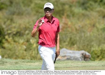 September 7, 2015 - Norton, Massachusetts - Sangmoon Bae waves to spectators on the 3rd hole during the championship round of the PGA Golf Herren Deutsche Bank Championship tournament held at TPC Boston in Norton, Massachusetts. PGA 2015: Deutsche Bank Championship SEP 07 - ZUMAc04_