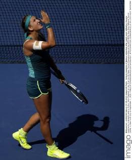 Victoria Azarenka of Belarus celebrates after match point defeating Varvara Lepchenko in straight sets in Arthur Ashe Stadium on day 8 at the US Open Tennis Championships at the USTA Billie Jean King National Tennis Center in New York City on September 7, 2015.  NYP20150907102 JOHNxANGELILLO