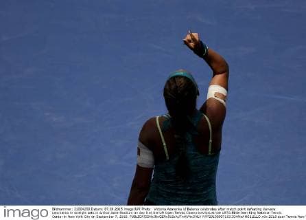 Victoria Azarenka of Belarus celebrates after match point defeating Varvara Lepchenko in straight sets in Arthur Ashe Stadium on day 8 at the US Open Tennis Championships at the USTA Billie Jean King National Tennis Center in New York City on September 7, 2015.  NYP20150907103 JOHNxANGELILLO