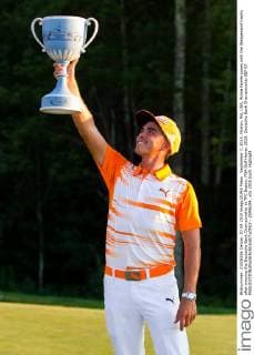 September 7, 2015; Norton, MA, USA; Rickie Fowler poses with the Wedgewood trophy after winning the Deutsche Bank Championship at TPC Boston. PGA Golf Herren 2015: Deutsche Bank Championship SEP 07 - ZUMAc04_