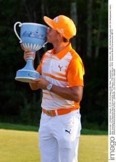 September 7, 2015; Norton, MA, USA; Rickie Fowler poses with the Wedgewood trophy after winning the Deutsche Bank Championship at TPC Boston. PGA Golf Herren 2015: Deutsche Bank Championship SEP 07 - ZUMAc04_