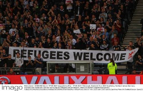 07.09.2015. Edinburgh, Scotland. Euro 2016 Qualifying. Scotland versus Germany. Scotland fans displayed a banner saying "Refugees Welcome" before the match xVagelisxGeorgarioux  ActionPlus11658167