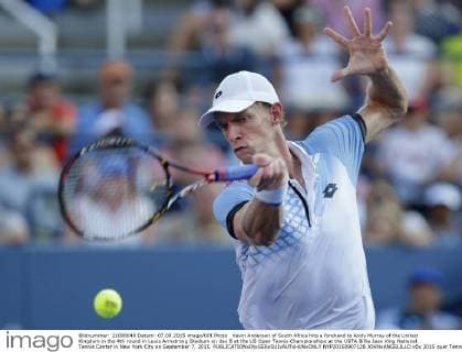 Kevin Anderson of South Africa hits a forehand to Andy Murray of the United Kingdom in the 4th round in Louis Armstrong Stadium on day 8 at the US Open Tennis Championships at the USTA Billie Jean King National Tennis Center in New York City on September 7, 2015.  NYP20150907128 JOHNxANGELILLO
