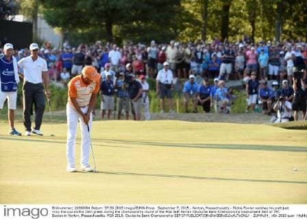 September 7, 2015 - Norton, Massachusetts - Rickie Fowler watches his putt just miss the cup on the 18th green during the championship round of the PGA Golf Herren Deutsche Bank Championship tournament held at TPC Boston in Norton, Massachusetts. PGA 2015: Deutsche Bank Championship SEP 07 - ZUMAc04_