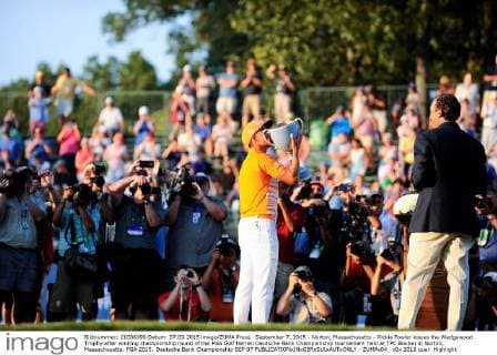 September 7, 2015 - Norton, Massachusetts - Rickie Fowler kisses the Wedgewood Trophy after winning championship round of the PGA Golf Herren Deutsche Bank Championship tournament held at TPC Boston in Norton, Massachusetts. PGA 2015: Deutsche Bank Championship SEP 07 - ZUMAc04_