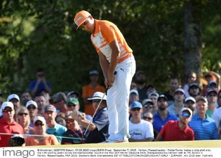 September 7, 2015 - Norton, Massachusetts - Rickie Fowler makes a chip shot onto the 13th putting green during the championship round of the PGA Golf Herren Deutsche Bank Championship tournament held at TPC Boston in Norton, Massachusetts. PGA 2015: Deutsche Bank Championship SEP 07 - ZUMAc04_