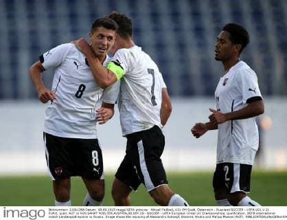 Aktuell Fußball, U21 EM Quali, Österreich - Russland SOCCER - UEFA U21 U 21 EURO, quali, AUT vs RUS SANKT POELTEN,AUSTRIA,08.SEP.15 - SOCCER - UEFA European Under-21 Championships, qualification, OEFB international match Länderspiel Austria vs Russia. Image shows the rejoicing of Alessandro Schoepf, Dominik Wydra and Philipp Mwene (AUT). GEPAxpictures xWalterxLuger