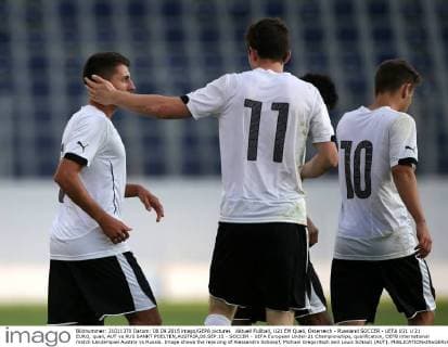 Aktuell Fußball, U21 EM Quali, Österreich - Russland SOCCER - UEFA U21 U 21 EURO, quali, AUT vs RUS SANKT POELTEN,AUSTRIA,08.SEP.15 - SOCCER - UEFA European Under-21 Championships, qualification, OEFB international match Länderspiel Austria vs Russia. Image shows the rejoicing of Alessandro Schoepf, Michael Gregoritsch and Louis Schaub (AUT). GEPAxpictures xWalterxLuger