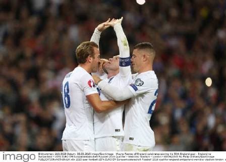 Wayne Rooney of England celebrates scoring his 50th England goal - England vs Switzerland - UEFA EURO EM Europameisterschaft Fussball 2016 Qualifier - Wembley Stadium - London - 08 09 2015 Pic Philip Oldham SportImage EDITORIAL USE ONLY. No use with unauthorised audio, video, data, fixture lists, club league logos or live services. Online in-match use limited to 120 images, no video emulation. No use in betting, games or single club league player publications.