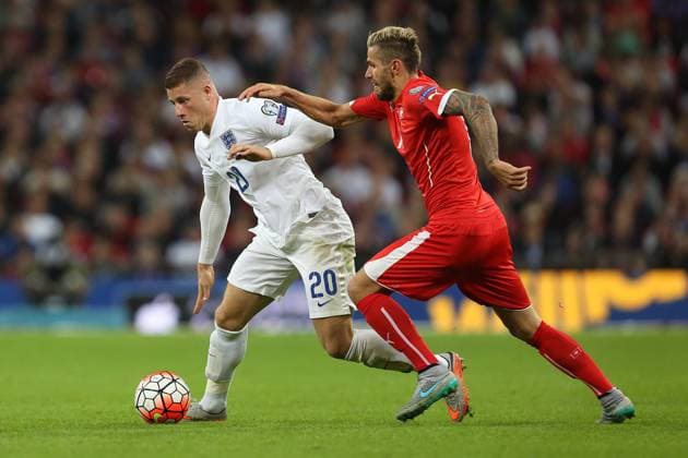 Ross Barkley of England battles Valon Behrami of Switzerland - England vs Switzerland - UEFA EURO EM Europameisterschaft Fussball 2016 Qualifier - Wembley Stadium - London - 08 09 2015 Pic Philip Oldham SportImage EDITORIAL USE ONLY. No use with unauthorised audio, video, data, fixture lists, club league logos or live services. Online in-match use limited to 120 images, no video emulation. No use in betting, games or single club league player publications.