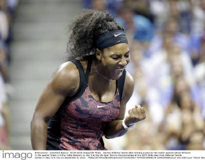 Serena Williams reacts after winning a point in her match against Venus Williams in the quarter finals in Arthur Ashe Stadium on day 9 at the US Open Tennis Championships at the USTA Billie Jean King National Tennis Center in New York City on September 8, 2015. .  NYP20150908119 JOHNxANGELILLO