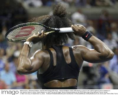 Serena Williams reacts after losing a point in her match against Venus Williams in the quarter finals in Arthur Ashe Stadium on day 9 at the US Open Tennis Championships at the USTA Billie Jean King National Tennis Center in New York City on September 8, 2015. .  NYP20150908126 JOHNxANGELILLO