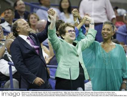 Billie Jean King watches Venus Williams play Serena Williams in Arthur Ashe Stadium on day 9 at the US Open Tennis Championships at the USTA Billie Jean King National Tennis Center in New York City on September 8, 2015.  NYP20150908125 JOHNxANGELILLO