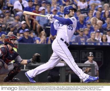 Sept. 8, 2015 - Kansas City, MO, USA - The Kansas City Royals Eric Hosmer (35) follows through on a three-run double in the first inning in front of Minnesota Twins catcher Chris Herrmann on Tuesday, Sept. 8, 2015, at Kauffman Stadium in Kansas City, Mo. Minnesota at Kansas City - ZUMAm67_