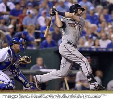 Sept. 8, 2015 - Kansas City, MO, USA - The Minnesota Twins Joe Mauer (7) follows through on an RBI double to score Brian Dozier against the Kansas City Royals in the third inning on Tuesday, Sept. 8, 2015, at Kauffman Stadium in Kansas City, Mo. Minnesota at Kansas City - ZUMAm67_