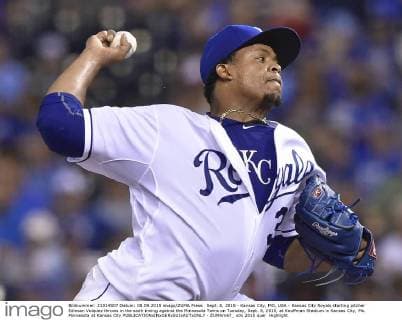Sept. 8, 2015 - Kansas City, MO, USA - Kansas City Royals starting pitcher Edinson Volquez throws in the sixth inning against the Minnesota Twins on Tuesday, Sept. 8, 2015, at Kauffman Stadium in Kansas City, Mo. Minnesota at Kansas City - ZUMAm67_